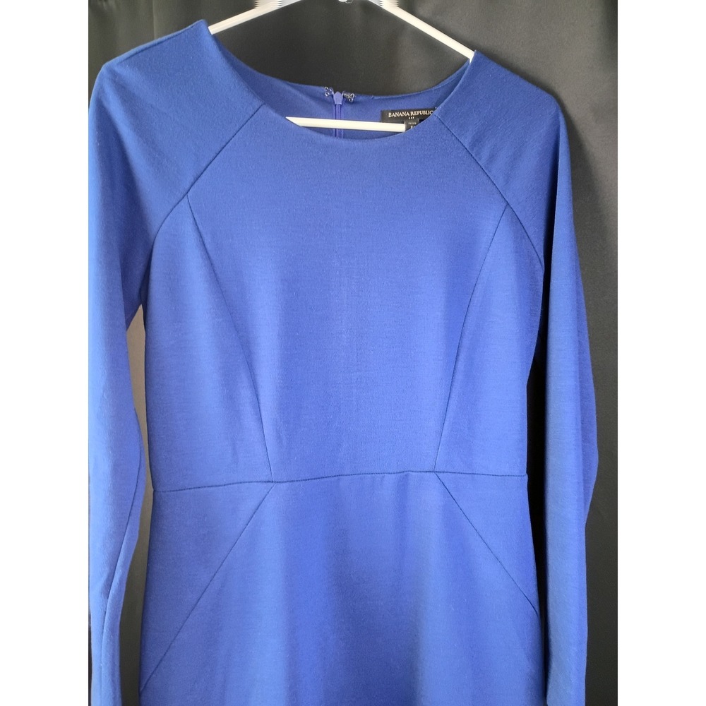 Banana Republic Womens Blue Long Sleeve Sheath Dress Petite 8P Cobalt Crew Neck